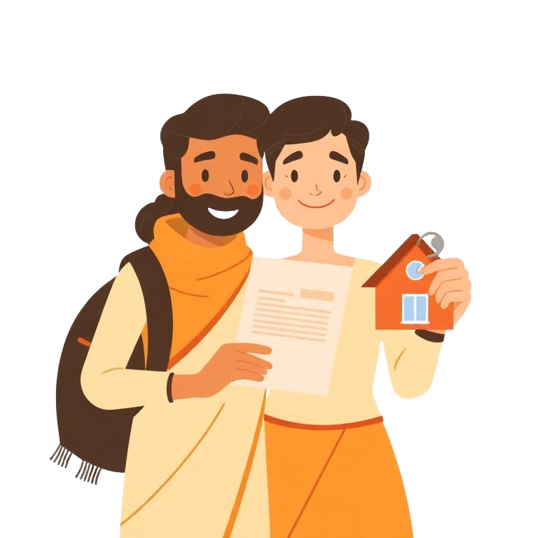 Illustration of a home-buyer couple holding house keys and a property document